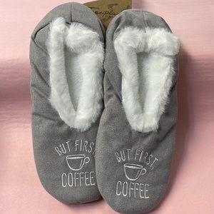 Faceplant Dreams Grey Furry Slipper Footsies But First Coffee Large